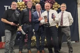 Richard Llewellyn receives the supporters player of the year award on behalf of his son Brad Llewellyn from Phil Robson. Also pictured are Anthony Broadhead (assistant coach), Mattie Roberts (head coach) and Andrew Byram (secretary).