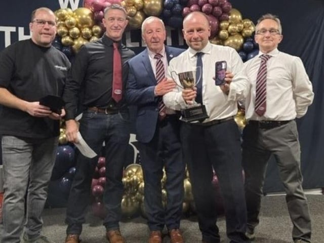 Richard Llewellyn receives the supporters player of the year award on behalf of his son Brad Llewellyn from Phil Robson. Also pictured are Anthony Broadhead (assistant coach), Mattie Roberts (head coach) and Andrew Byram (secretary).