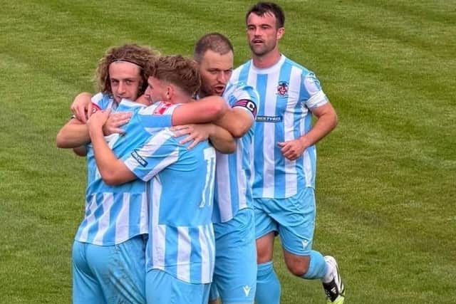 Liversedge players celebrate scoring one of their five goals against Lincoln United. Picture: Liversedge FC/ Alexander Murphy