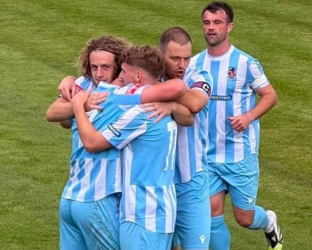 Liversedge players celebrate scoring one of their five goals against Lincoln United. Picture: Liversedge FC/ Alexander Murphy