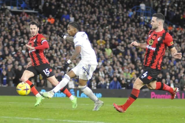 Match winner Crysencio Summerville shoots to score Leeds United's deciding goal in their 4-3 win over Bournemouth.