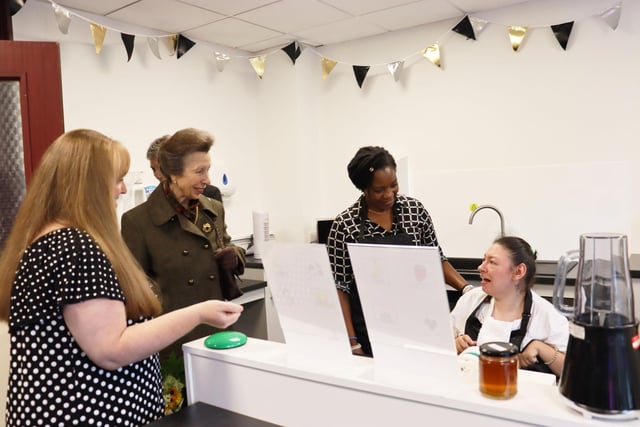 In the Elms Centre, Princess Anne was given a demonstration of the new fully accessible kitchen - helped funded by the Huddersfield Town Foundation who were in attendance - where she was able to see some of the adults who attend the daytime enrichment service making smoothies by using switch adapted kitchen appliances.