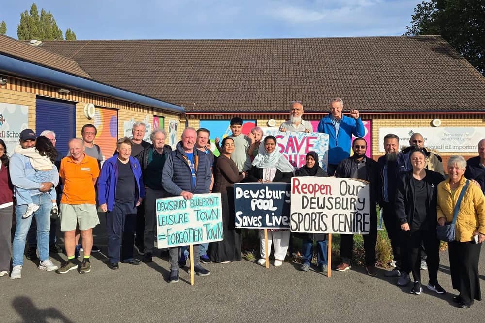 Campaigners outside the meeting calling for the re-opening of Dewsbury Sports Centre.