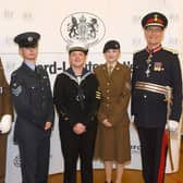 HM Lord-Lieutenant of West Yorkshire with the 2023 Lord-Lieutenant’s Cadets of West Yorkshire. 
(Left to right) Cadet Battery Sergeant Major Matthew McGowan, Cadet Flight Sergeant Tomasz Wallace, Petty Officer Cadet Talitha Ridley, Cadet Corporal Katie Crompton