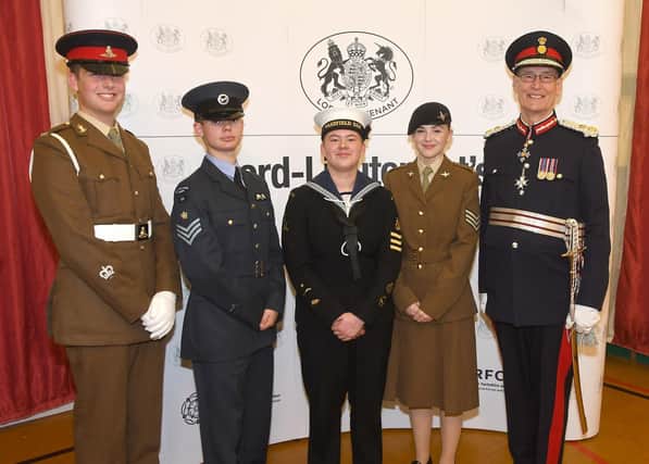 HM Lord-Lieutenant of West Yorkshire with the 2023 Lord-Lieutenant’s Cadets of West Yorkshire. 
(Left to right) Cadet Battery Sergeant Major Matthew McGowan, Cadet Flight Sergeant Tomasz Wallace, Petty Officer Cadet Talitha Ridley, Cadet Corporal Katie Crompton