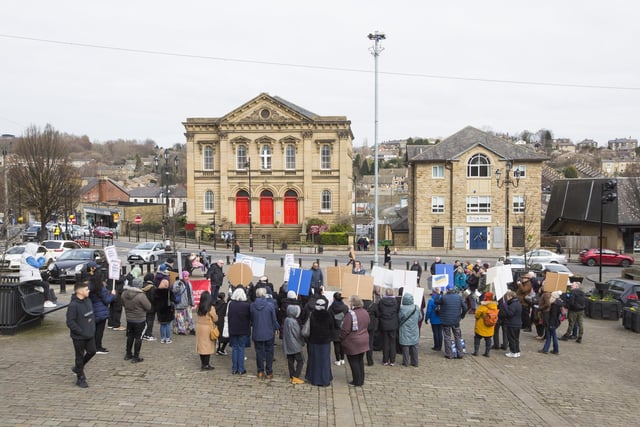 The protest started outside Batley Town Hall.