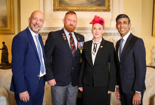 Mark Eastwood MP, Mick Riley and Jenny Thorn from Tommy’s Lounge, and prime minister Rishi Sunak.