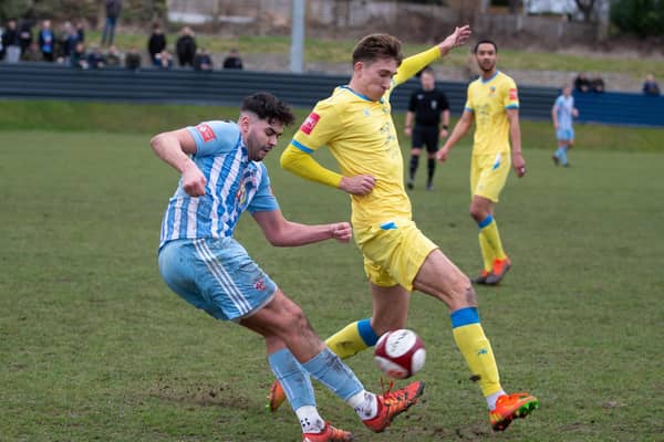 Liversedge defender Kurt Harris had to go in goals after an injury to keeper Jordan Porter in the game at Hebburn Town.