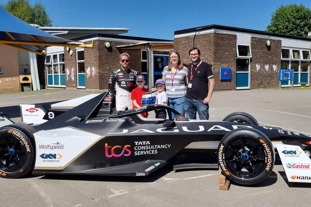 From left to right: Jaguar TCS Racing driver Sam Bird, Crowlees pupil Ava Beal, who wrote to the team, her sister Willow, and her parents, Vickii and Colin.