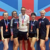 Town Flyers competed with success  at the Adult British Championships at Liileshall. From left: Joanne Birbeck, Freya Clack, Sarah Frakes, Stephen Frakes, Gail Shucksmith-Dossey, Debbie Mallinson and Stacey Croot.