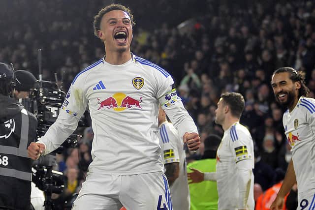 Ethan Ampadu celebrates scoring his first goal at Elland Road for Leeds United.