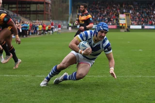 Louis Jouffret scores a try for Halifax Panthers against Bradford Bulls in the Challenge Cup