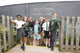 Whitechapel CE Primary School in Cleckheaton has received a 'Good' report from Ofsted. From the left, Taliah Richmond, seven, Evie Sutcliffe, nine, Headteacher Jo Burden, Elsie Ewart, eight, deputy headteacher Helen Sutcliffe, Edward Nelson, 11, and Zac Pinder, 11.