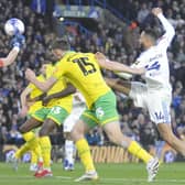 Lukas Nmecha challenges for the ball in the area in Leeds United's FA Cup tie with Norwich.