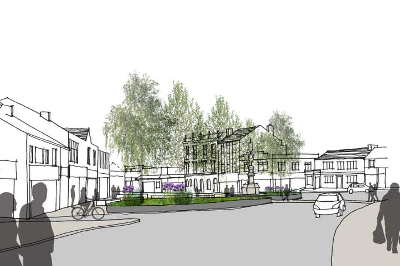 An artist's impression of Market Square, featuring greenery, footpaths and space for market stalls