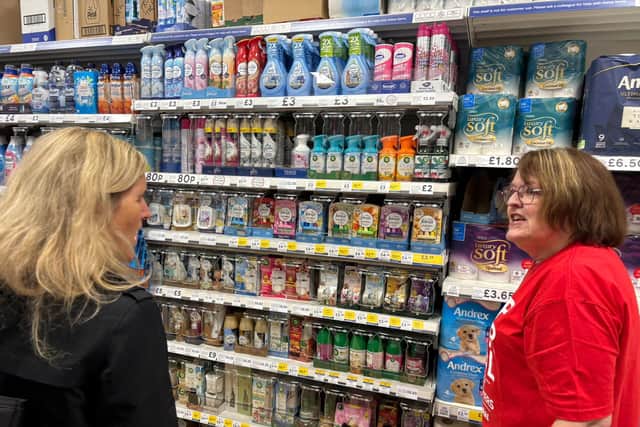Kim's visit coincided with Usdaw’s annual Respect for Shopworkers Week, which took place from Monday, November 10, with Kim hearing from staff at Tesco and nearby Home Bargains about their personal experiences of intimidation whilst at work and saw the lengths the store has had to go to, including security tagging high quantities of their stock to prevent shoplifting.