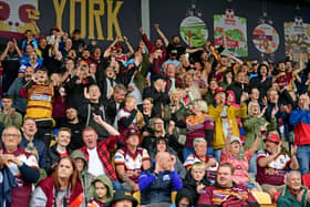 Batley fans - seen here celebrating against York Knights on Sunday - will get the chance to finally visit Wembley for the first time in the club's 143-year history when they take on Halifax Panthers in the final of the 1895 Cup in August. (Photo credit: Paul Butterfield)