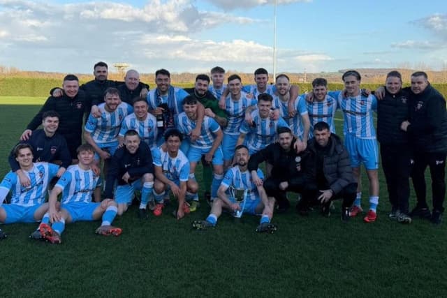 Liversedge FC celebrating after being confirmed as NCE League champions