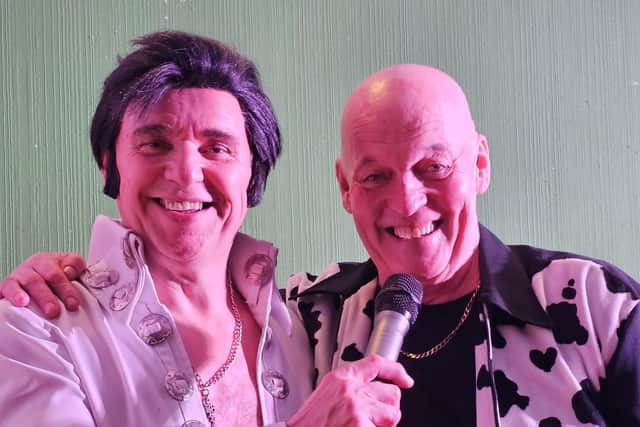 Tony Fletcher as Elvis with Mick Ingram at Jane and John's goodbye party.