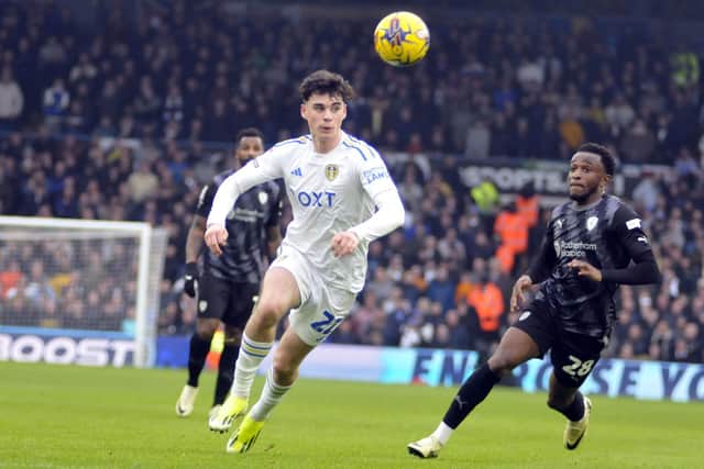 Archie Gray looks ahead as he goes on the attack for Leeds United.