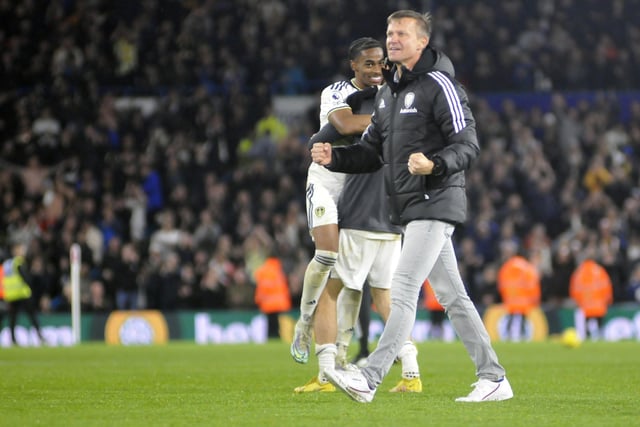 Leeds United head coach Jesse Marsch shows his appreciation for the crowd at the end of the game.