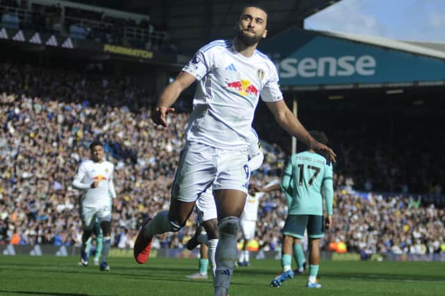 Dominic Calvert-Lewin celebrates his goal that made it 3-0 for Leeds United against Wolves.