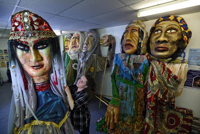 Three of the Weeping Sisters puppets, are being prepared for a Holocaust Memorial Day event at Dewsbury Town Hall.