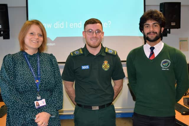 From left to right: Academy Careers Leader, Gemma Sinclair,  paramedic Charlie Whitlam and current Head Boy Shahzaib Sayeed.