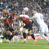 Joe Rodon gets a header in for Leeds United against Bournemouth.