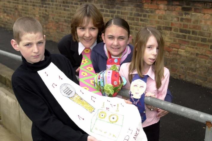 Lance Cooke with his mad tie at Earlsheaton High School with classroom assistant Bev Roberts, Jessica Anderson and Leanne Sutton in 2004.