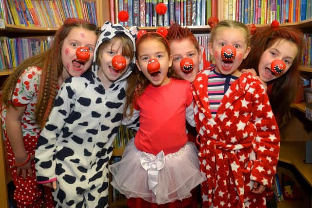 Roberttown School pupils dressing up for Red Nose Day. Mia Brown, Isabelle Parkin-Rhodes, Kiah Green, Will Clerehugh, Flora Barker-Hill and Ellie Fowler.