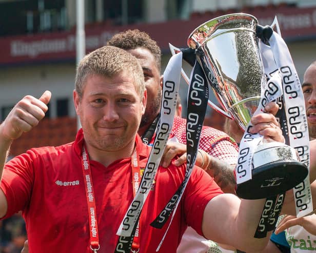 Paul March, who says he is "looking forward to continuing the history” of his hometown club in Dewsbury Rams as head coach, pictured giving the thumbs up after winning the iPro Sport Cup with Keighley Cougars in 2016. Picture by Allan McKenzie/SWpix.com.