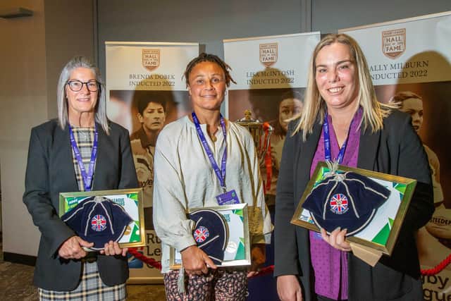 Womens Rugby League Hall of Fame inductees Brenda Dobek, Lisa McIntosh & Sally Milburn at the Pride of the Lionesses Dinner. Photo: Roth Read Photography
