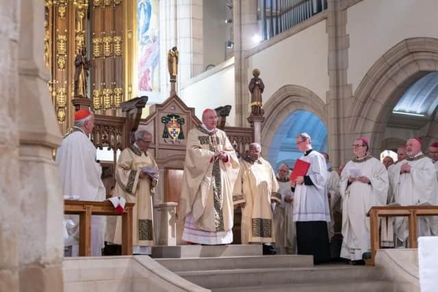 Batley Carr-born Cardinal Arthur Roche, centre, delivered a Mass at Leeds Cathedral on Monday, November 14. Far left is Cardinal Vincent Nichols and far right is the Bishop of Leeds, the Rt Revd Marcus Stock.