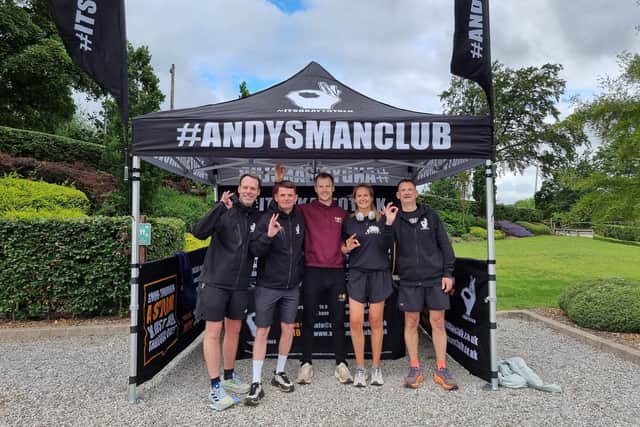 Dan Lanigan, Paul Coulson and Daz Bland of Andy's Man Club, with Chris Matthews, personal trainer, and Natalie Chappelow, co-owner of Arthur’s Cafe.
