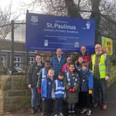 Mark Eastwood MP with children from St Paulinus Catholic Primary School taking part in the  WOW Walk to school Challenge.