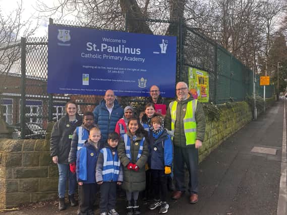 Mark Eastwood MP with children from St Paulinus Catholic Primary School taking part in the  WOW Walk to school Challenge.