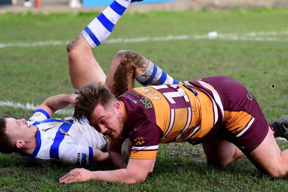 Nyle Flynn goes over for a Batley Bulldogs try last season. Picture: Paul Butterfield
