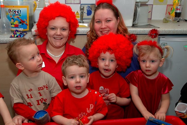 Lindsey Blanchflower (left) and Carol Wigglesworth with little ones (left to right) James Haigh, Thomas Heald, Daniel Ford and Leah Eddon having some fun on Red Nose Day at Asquith Nursery in 2005