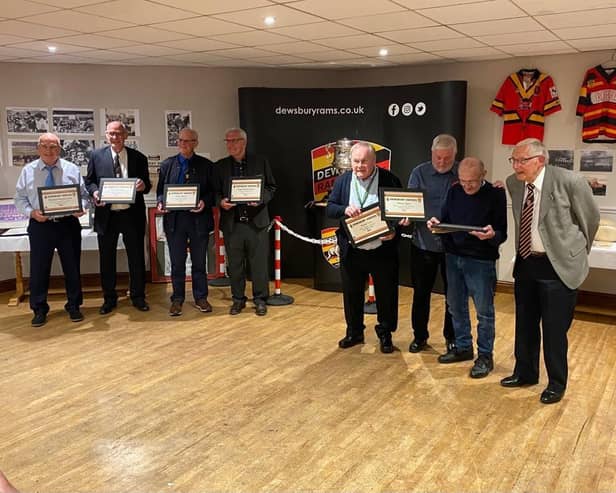 Dewsbury RLFC heroes of 1973 with their heritage certificates