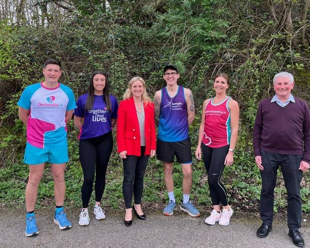 Batley and Spen MP Kim Leadbeater with runners Craig Johnson, James Nichols, Laura Hall and Sophie Edwards, who are all taking part in the London Marathon