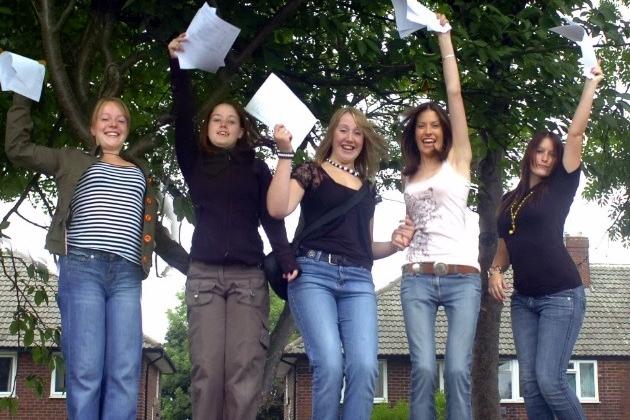Student from Whitcliffe Mount School celebrating their A Level results. Lucy Firth, Stacie Oldham, Samantha Gildea,, Laura Naylor and Kimberley Garnham. (170833)
