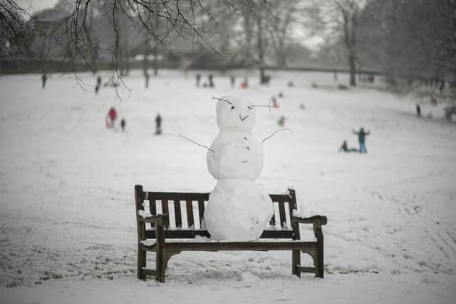 A snowman takes in the wintry view from a bench