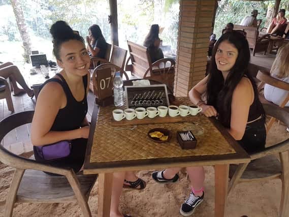 Eva, 22, and Megan, 18, enjoy happier times in Bali just four days before the quake.