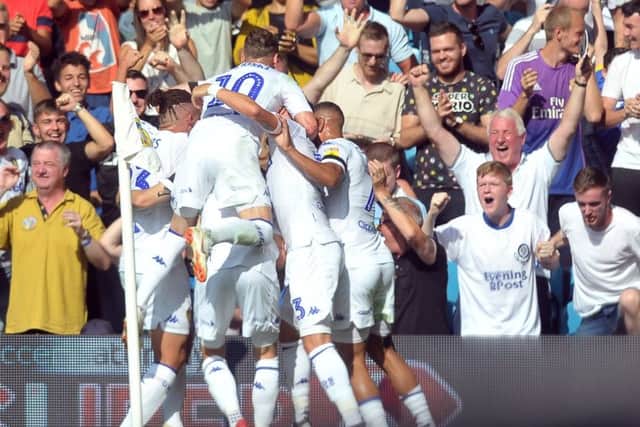 Leeds United celebrate Mateusz Klich scoring their first goal of the season in the win against Stoke. Picture: Tony Johnson.