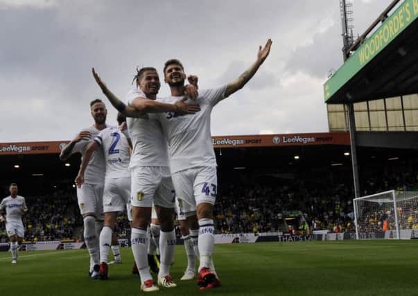 Leeds United's Mateusz Klich celebrates scoring the opening goal at Norwich. Picture by Simon Hulme
