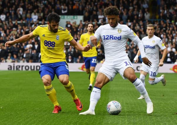 Leeds United's Tyler Roberts takes on Birmingham's Maxime Colin. Picture: Jonathan Gawthorpe