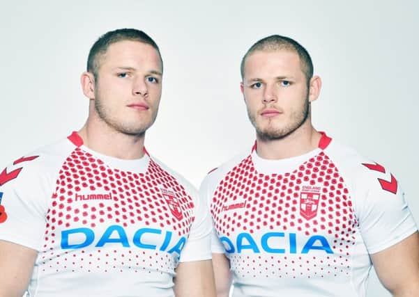 Dewsbury-born twins Tom and George Burgess launched a one-off England shirt, which will be worn at the third Test against New Zealand at Elland Road on Remembrance Day as a thank you to heroes of the Northern Union who died in the Great War 1914- 1918. Picture: Simon Wilkinson/SWpix.com