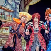 Chris Chilton as Gretchen Grimallova, Brandi-Himmelreich as Countess Grimallova, and Chris Hannon as Griselda Grimallova in Theatre Royal Wakefield's Cinderella. Picture: Robling Photography.