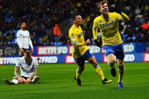 Patrick Bamford celebrates scoring the winning goal for Leeds United at Bolton. Picture: Jonathan Gawthorpe
